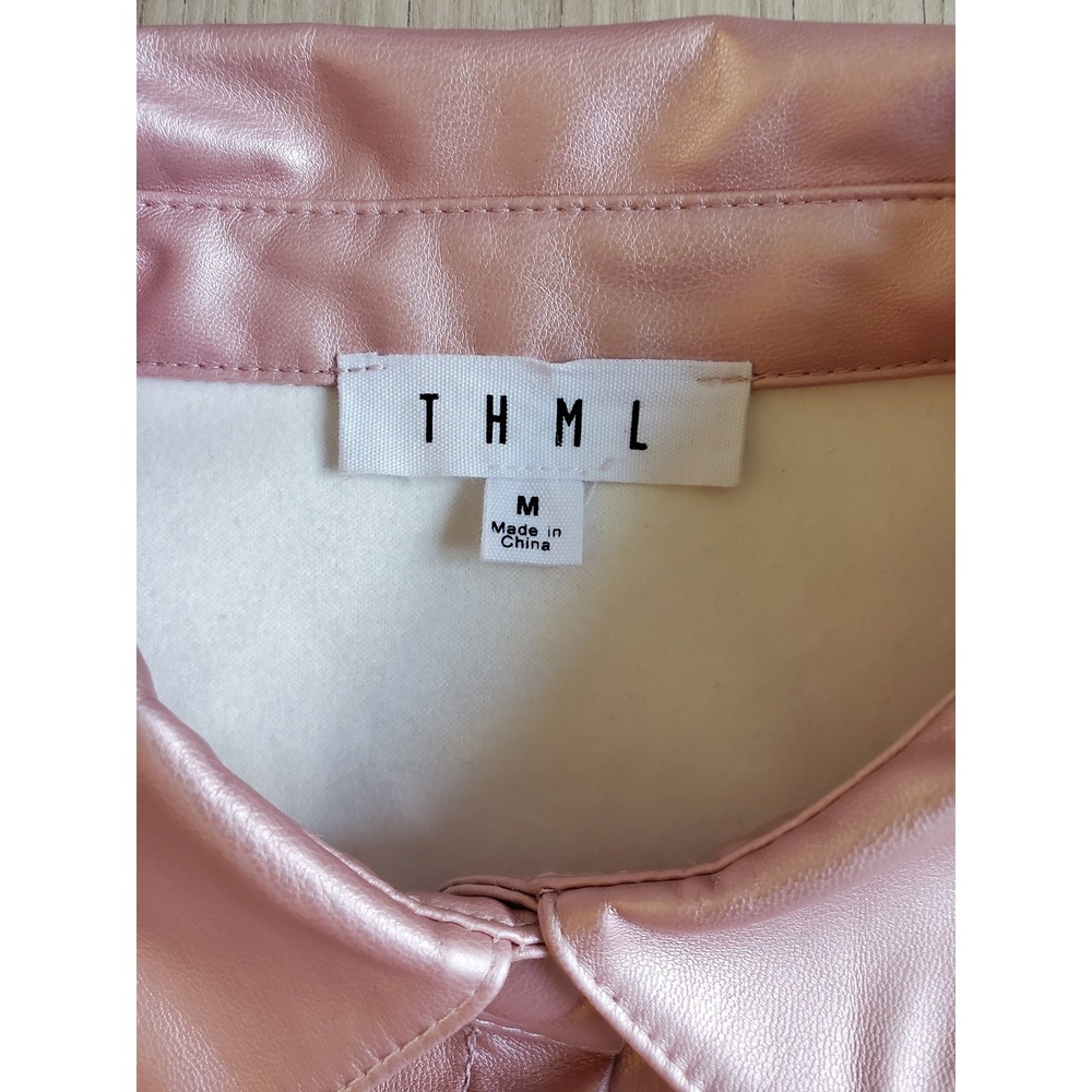 THML Blouse Womens Medium Pink Shimmer Button-Front Collar Top - Picture 3 of 7